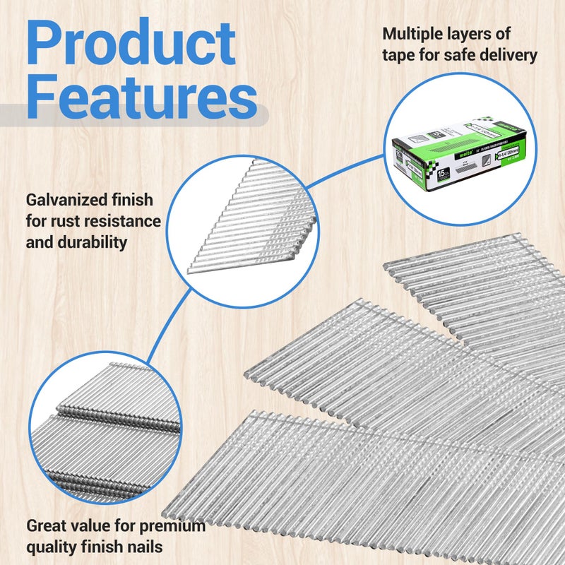 meite 15 Gauge Angled Finish Nails, 1-1/4-Inch 34 Degree Galvanized Finishing Nails for Nailer Guns - Perfect for Window Trim, Cabinet Building and Other DIY Projects (2,000 Counts) - Image 3